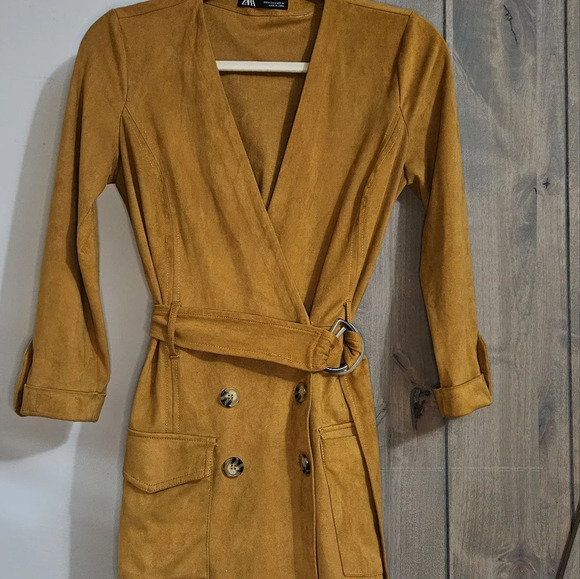 ZARA Faux suede belted utility mini dress romper. Mustard tan color. Size Medium - Picture 5 of 16